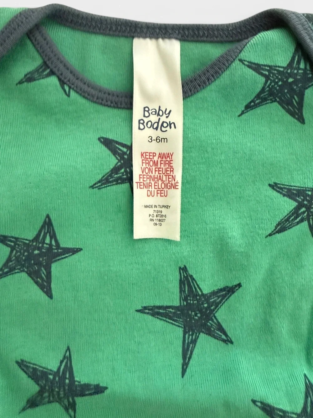 Baby Boden Teal Star-Print Long Sleeve Bodysuit with Navy Trim